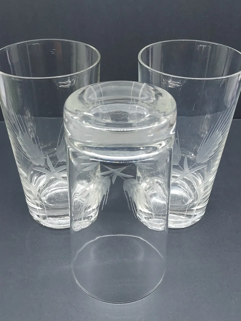 Vintage Javit Crystal Iced Tea Tumblers Etched Fine Wheat Set of 3